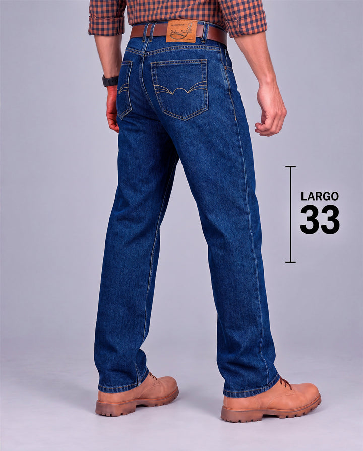 Pantalón recto de mezclilla rígida largo 33 John Silver azul stone liso - vista trasera 3/4